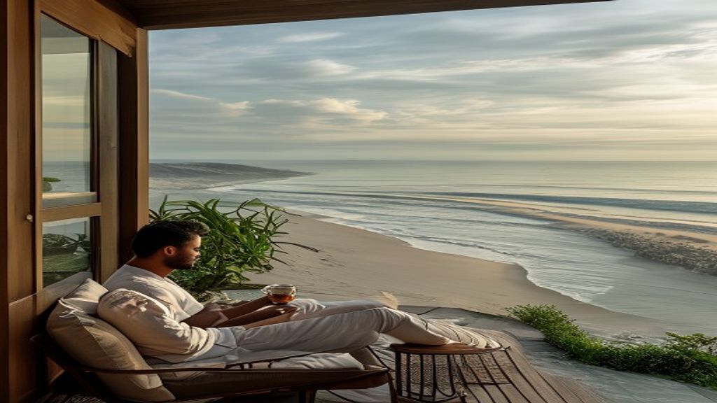 Beachfront view of Amrit Ocean Resort showcasing crystal-clear water, palm trees and sunrise