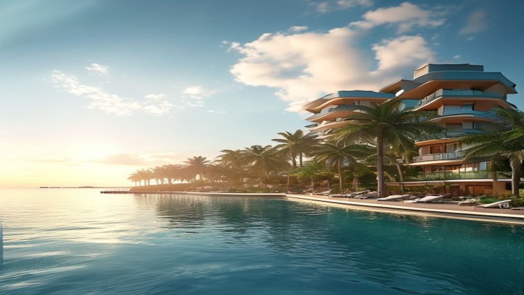 Luxury beachfront view of Amrit Ocean Resort with sunrise over turquoise waters.