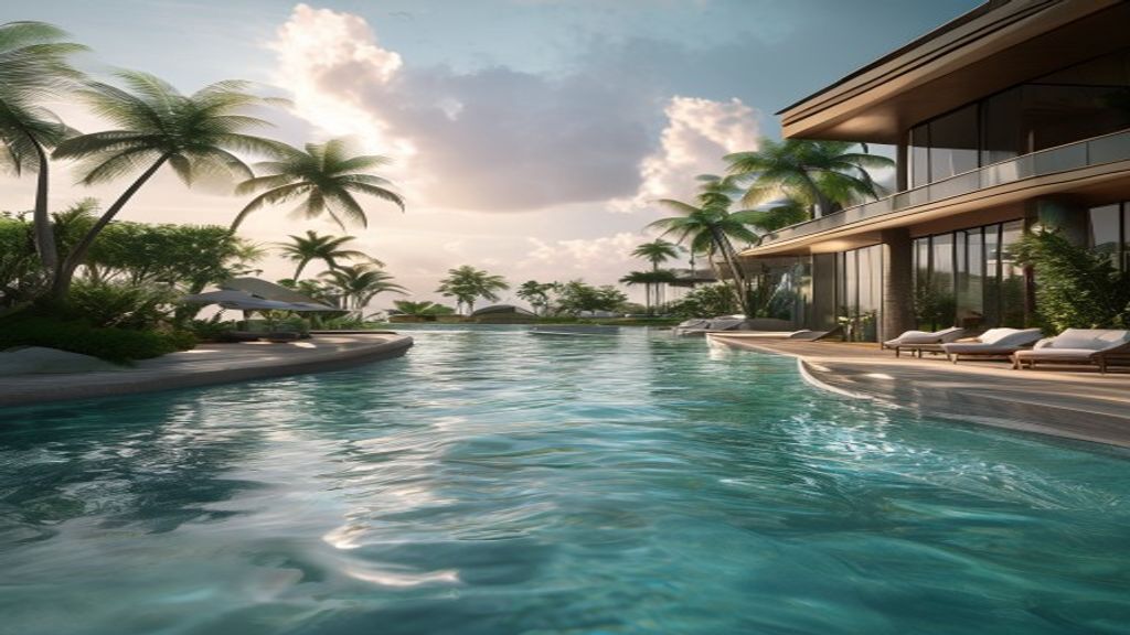 Luxury beachfront view of Amrit Ocean Resort with sparkling pool and palm trees under a sunset sky