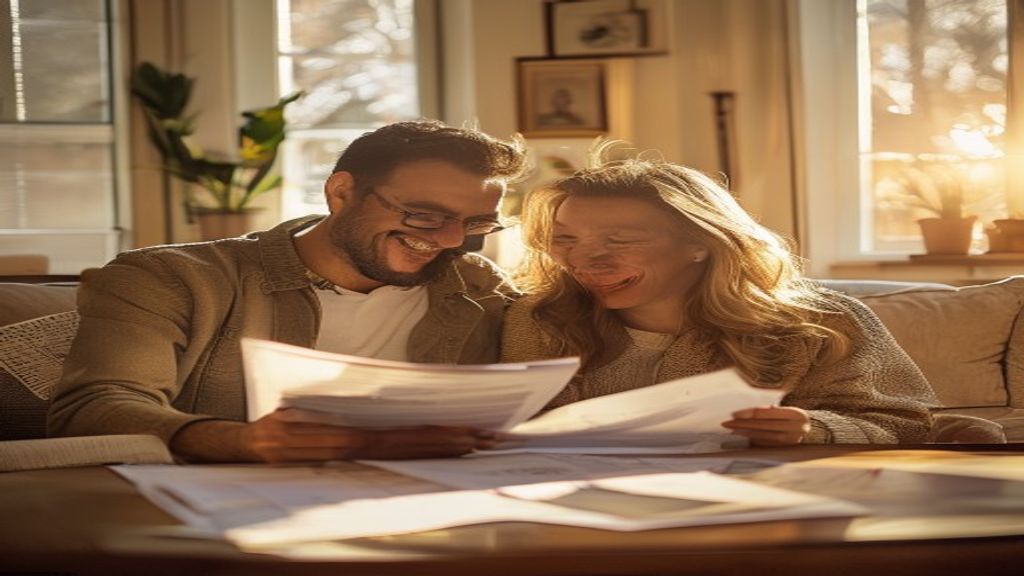 A happy couple signing a home purchase contract, symbolizing the excitement of buying a house.