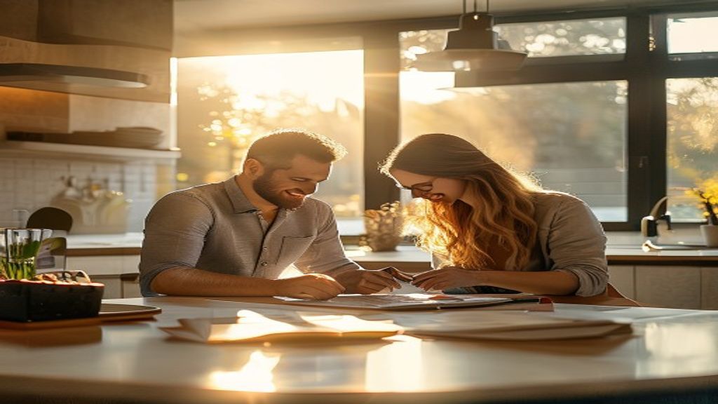 Happy couple examines house listings on a laptop, holding a new home key, representing the process of buying a new home.