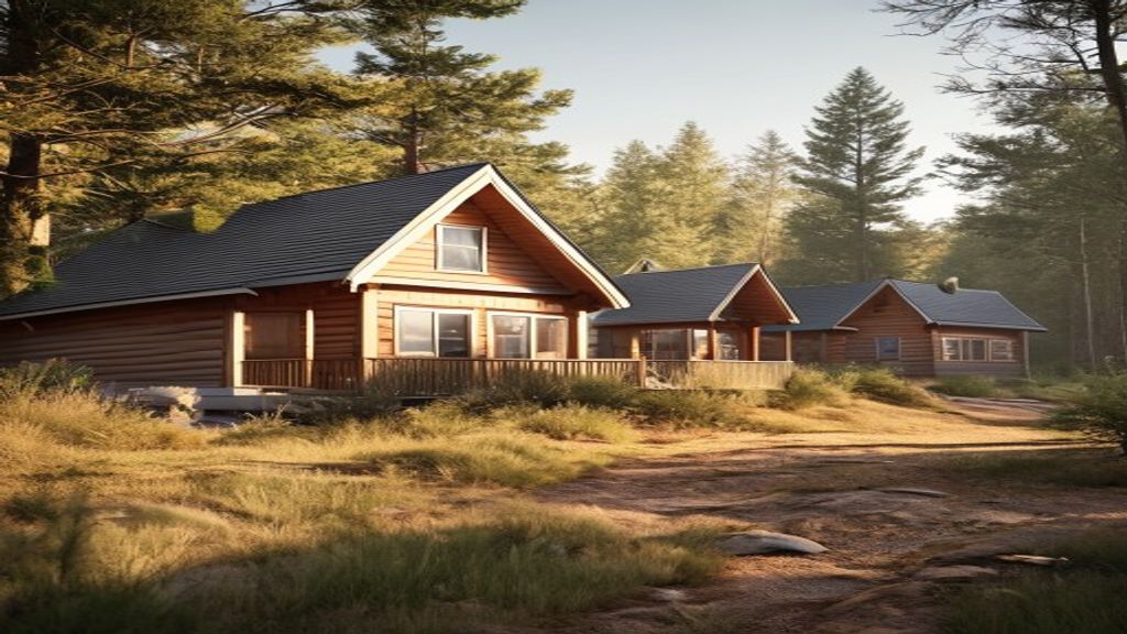 Cozy wooden cabins for sale with modern amenities, nestled in a forested mountain setting.