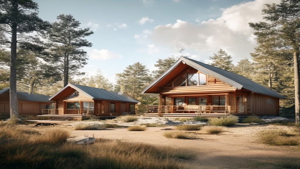 Cozy wooden cabins for sale nestled in a forest setting, featuring lake views and private decks