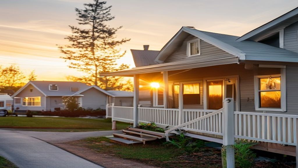 Affordable mobile homes for sale displayed with price tags and a scenic backdrop.