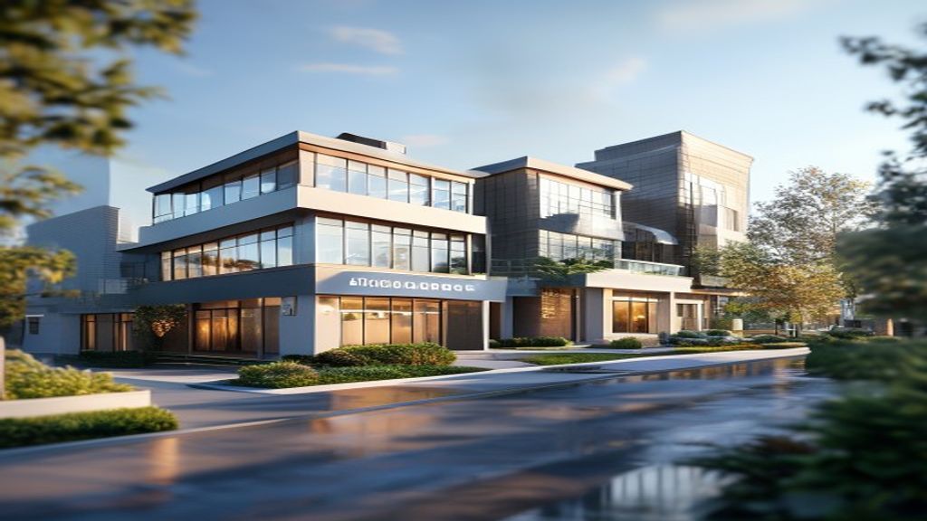 Modern office building showcased in a commercial real estate listings site