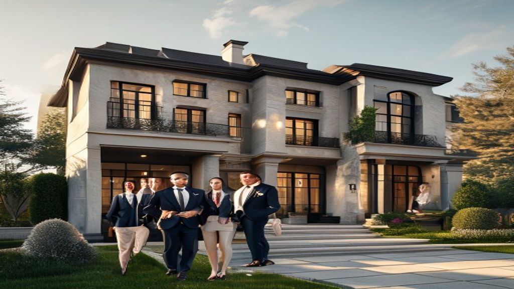 Elegant boutique office where luxury estate agents discuss exclusive waterfront properties with discerning clients