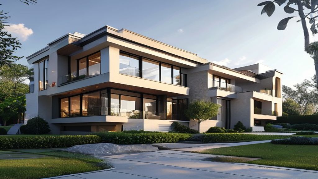 Elegant modern luxury home with floor-to-ceiling windows and manicured landscaping