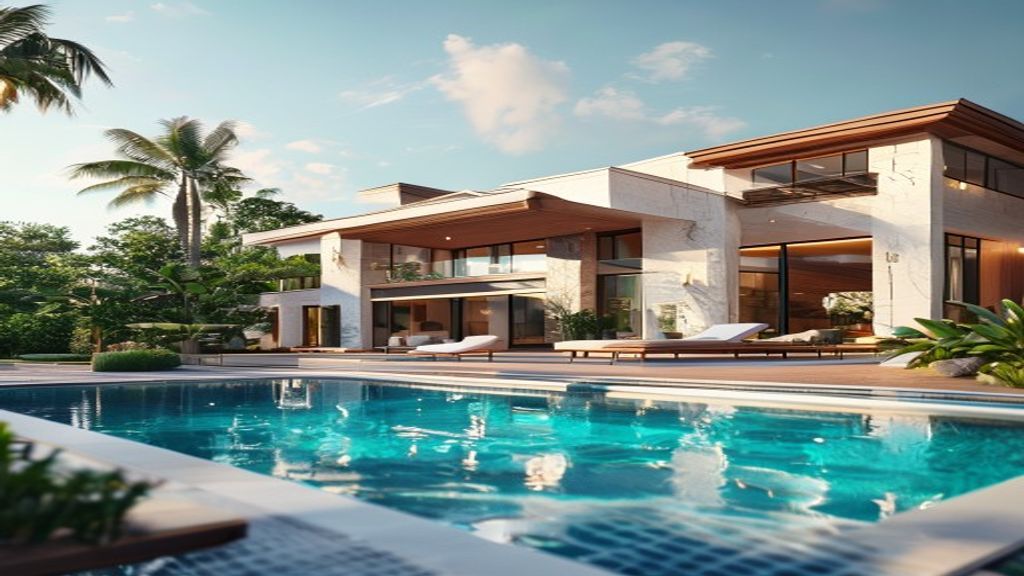 Elegant luxury home featuring a sparkling infinity pool surrounded by landscaped gardens.