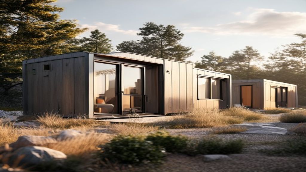 Modern modular cabins stacked on a construction site, showcasing sustainable prefabricated housing solutions.