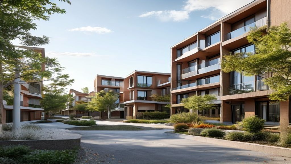 Modern apartment complex under construction, showcasing fresh architecture and sustainable design features.
