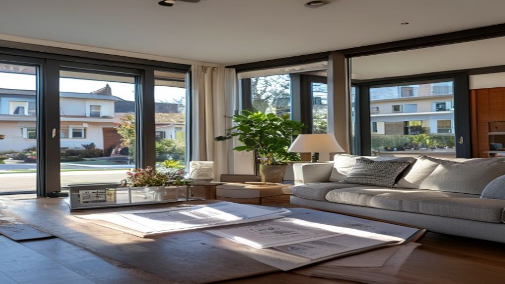 Newly constructed residential buildings with modern architectural features