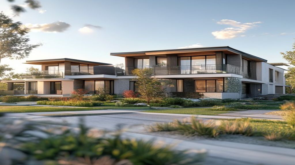 Modern new development homes with spacious layouts and green landscaping.