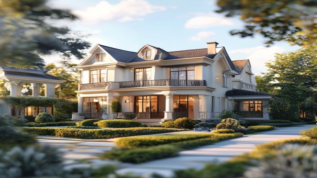 Elegant luxury homes with manicured lawns, towering columns, and sleek modern design.