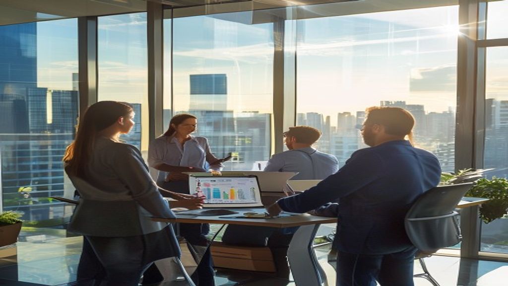 Professional real estate agency team discussing property listings and client services in a modern office