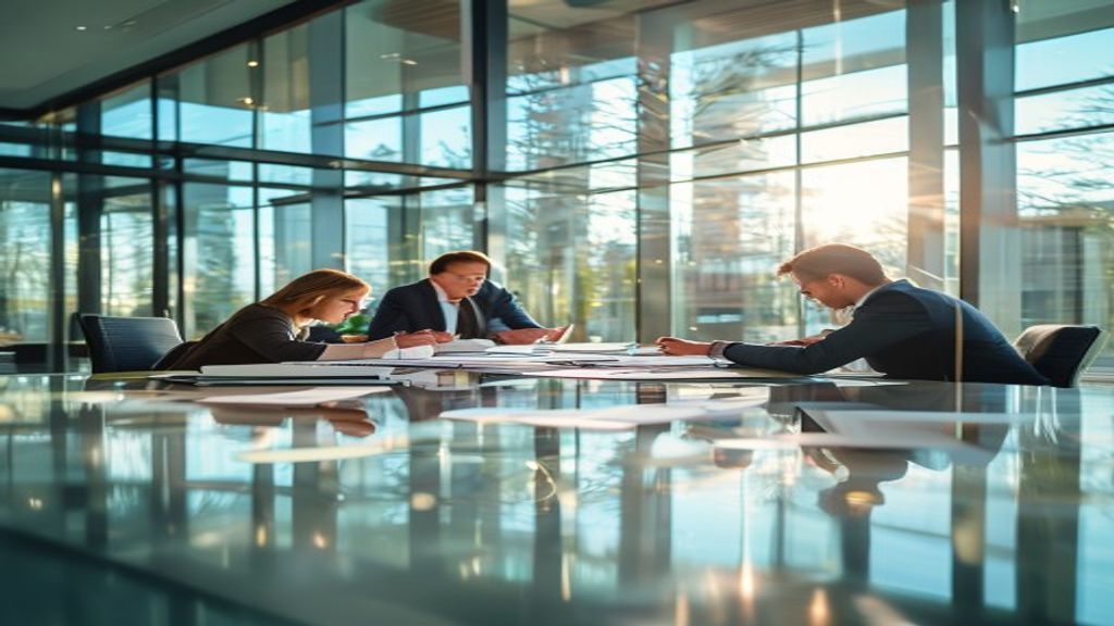 Professional real estate company team reviewing property listings on modern office computers.