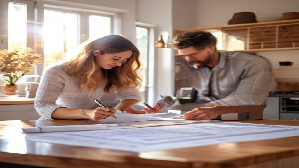 Family exploring a rent-to-buy home with a for‑sale sign and a lease agreement document.