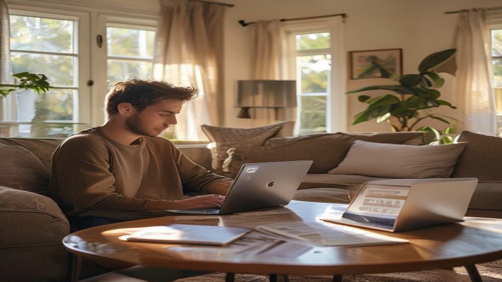 A family inspects a modern rent‑to‑own home with a for‑sale sign and a lease agreement.