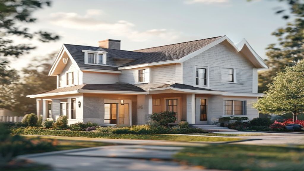 Modern suburban residential home sales transaction with happy family receiving house keys from smiling real estate agent.