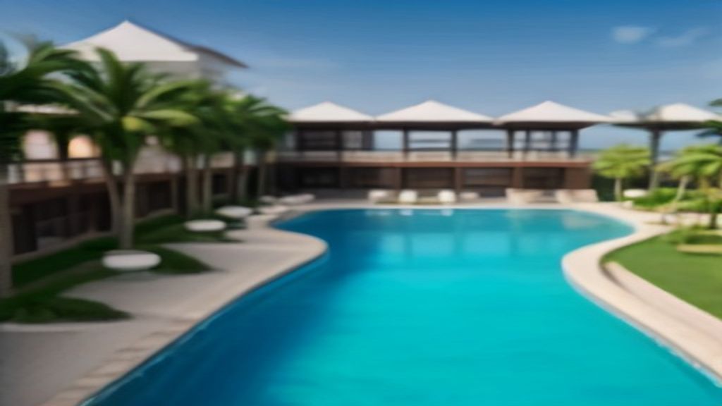 Luxury beachfront view at Amrit Ocean Resort with sparkling sea, palm trees and modern poolside lounge.